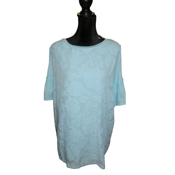 BOGO RXB Woman Light Pastel Blue Floral Embossed 3/4 ruffle Sleeve Flowy top 1X - Picture 1 of 9
